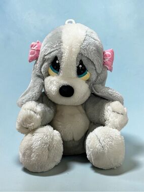 VINTAGE SAD SAM PLUSH PUPPY STUFFED ANIMAL GRAY WHITE PINK BOW